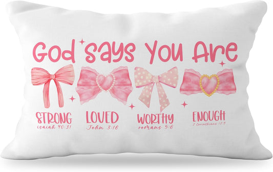 Pink Bow Coquette Christian Pillow Covers 12x20, Pink Coquette Room Decor, Girly Bedroom Decor, God Says You are Affirmation Bible Verse Pillow Covers, Christian Gifts for Women Teen Girls