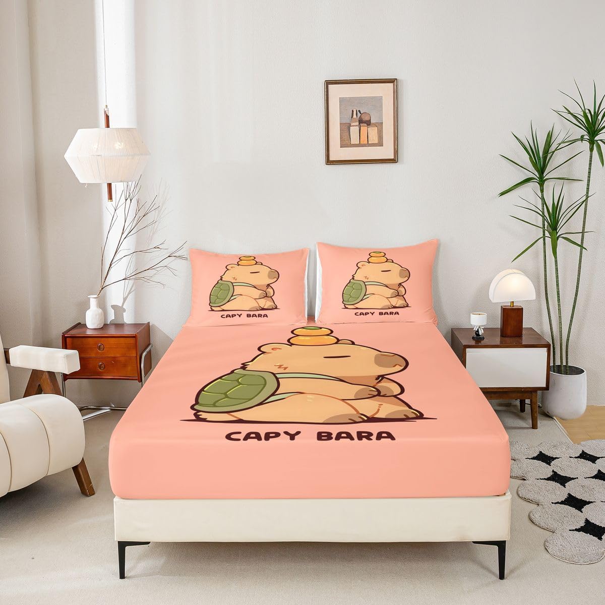 Manfei Cartoon Capybara Fitted Sheet Set Turtle Shell Kawaii Bedding Set for Kids Bedroom Lazy Cute Animal Bed Sheet Set 2pcs Deep Pocket Mattress Cover,No Top Flat Twin Peach Pink