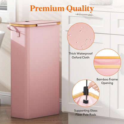 Lifewit 65L Slim Laundry Hamper with Lid, Narrow Laundry Basket with Removable Bag & Bamboo Handles, Fodable Thin Dirty Clothes Hamper for Laundry Collapsible Bin for Bathroom Bedroom Dorm, Pink