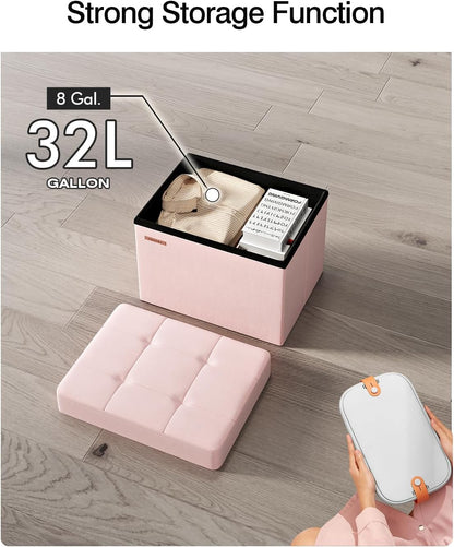 ABHENG Folding Storage Ottoman, Velvet Storage Bench, Footrest, Foot Stool,for Living Room, Bedroom and Office,12.2 x 16.1 x 12.2 Inches, 200 kg Load Capacity,Jelly Pink,UASND03P