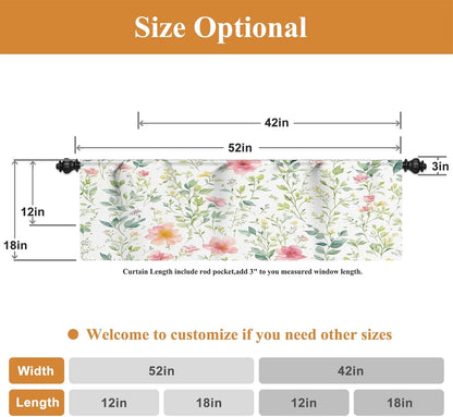 Renaiss 42x18 Inch Spring Floral Kitchen Valance Curtain Sage Green Leaf Pink Flower Short Cafe Curtains Farmhouse Rustic Window Treatment Valance Spring Home Decor