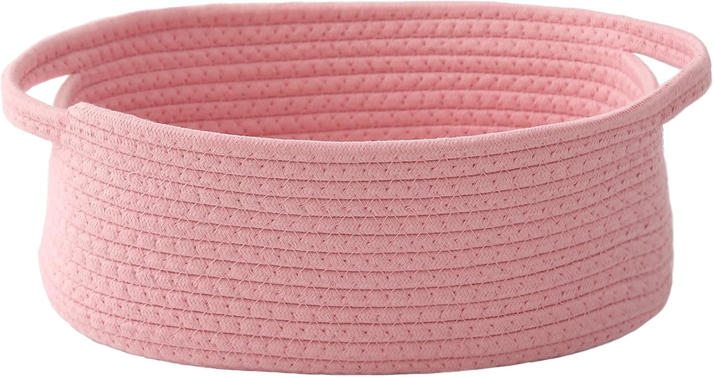 JMvicyroam Woven Basket,Small Rope Storage Bin with Handles & Ribbon Bag, Organizer for Shelves Closets,Gift Basket Empty for Birthday,Books,Dog Toys, Pink
