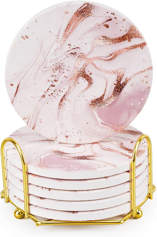 Pink Marble Coasters Set of 6 with Cork Base, Absorbent Coasters with Holder for Dining Table, Housewarming Gifts, Home Decor