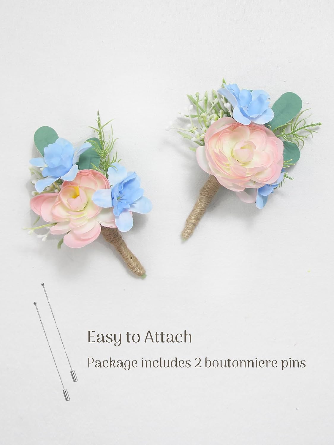 Rinlong 2Pcs Pink Blue Boutonnieres with Pins for Men, Groom, Groomsmen | Wedding, Prom, Homecoming