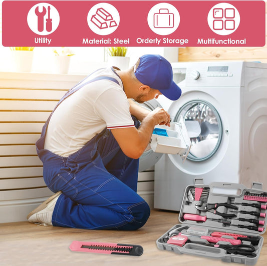 34-Piece Household Tools Kit, Household Tool Set General Repair Small Hand Tool Kit in Toolbox Storage Case, Household Tool Set for Women, Girls and Ladies, Pink, Mini Tool Box Set for Dorm