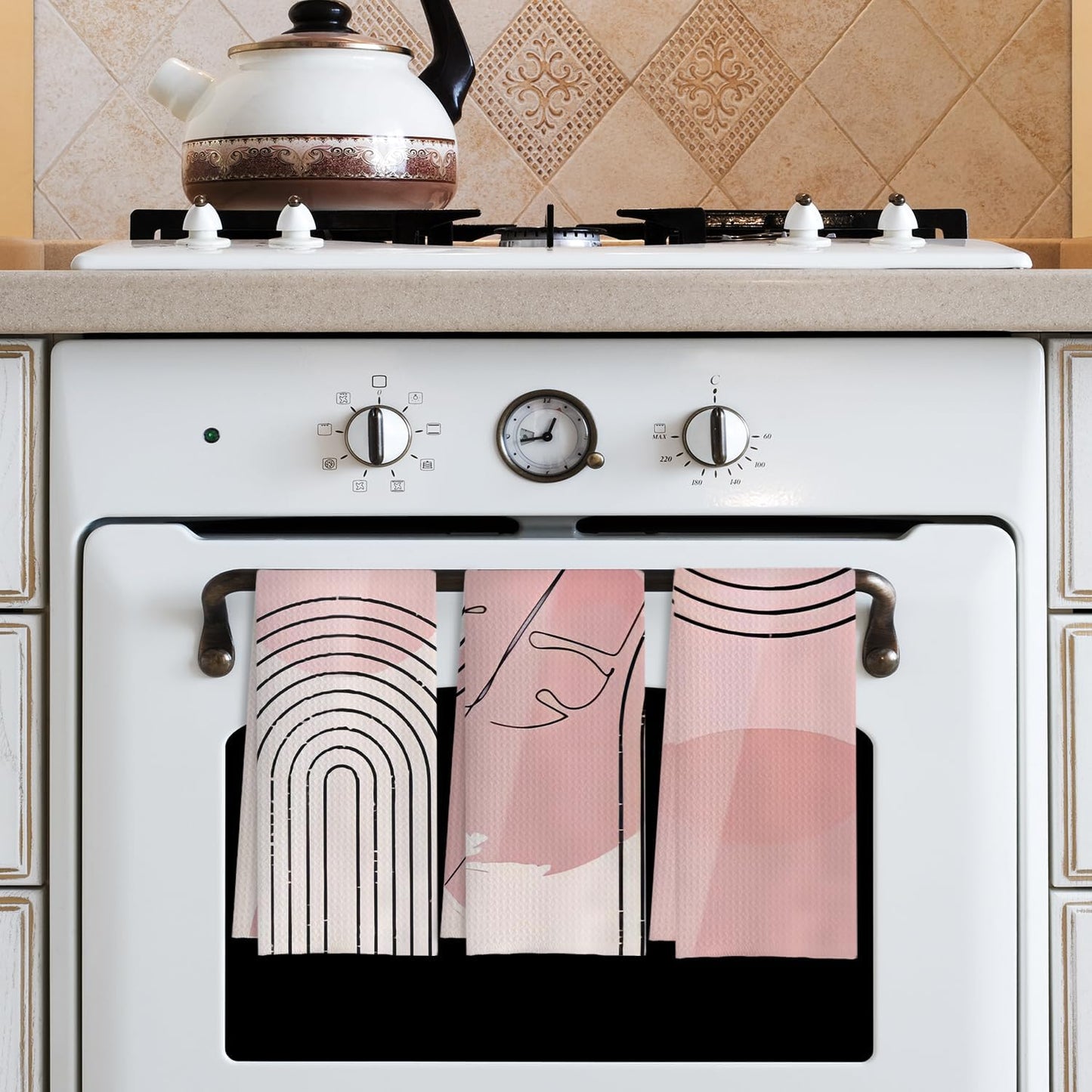 Pink Boho Kitchen Towels Set of 3 - Abstract Line Art Decorative Hand Towels for Bathroom, Mid Century Modern Dish Towels, Kitchen Decor, 16x24 Inches