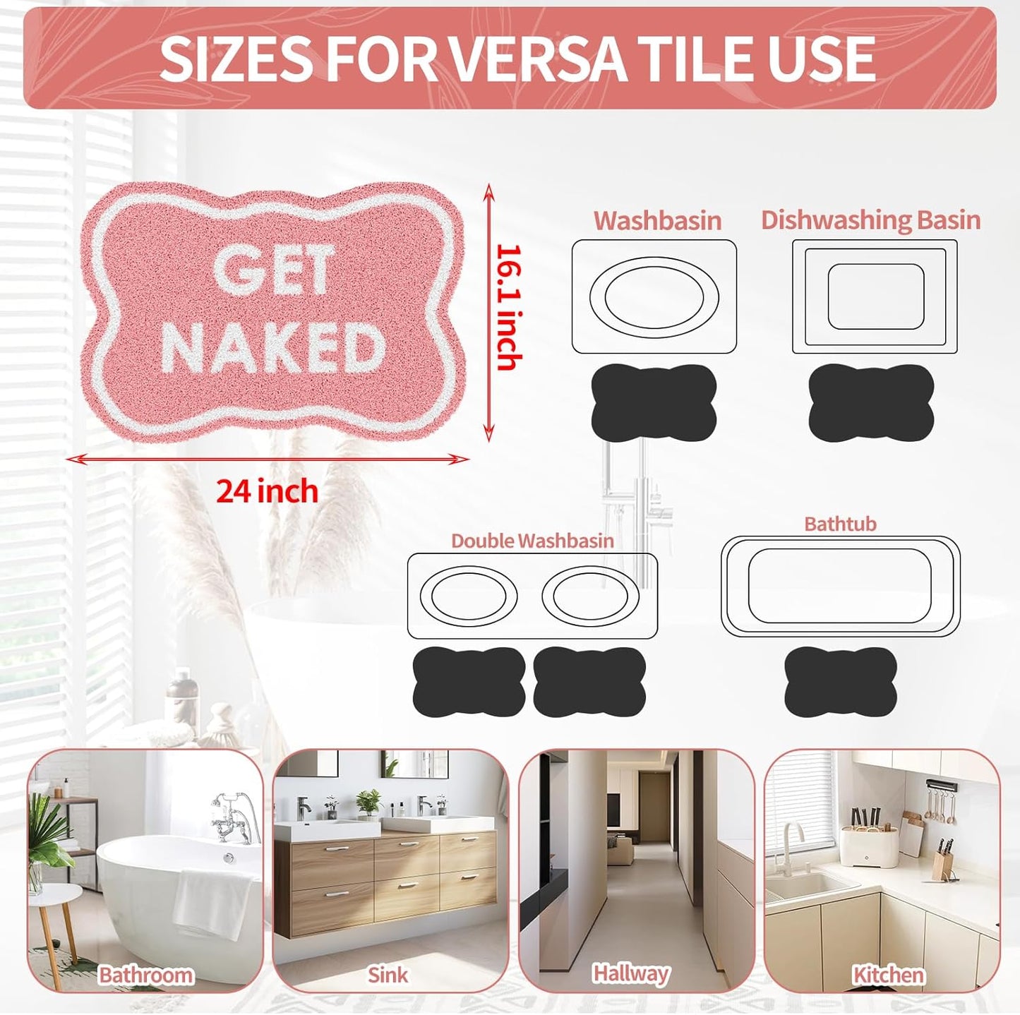 BSSN Get Naked Bath Mat, 16" x 24" Cute Pink Bathroom Rug, Ultra Absorbent Microfiber Tufted Bath Mat, Non-Slip & Machine Washable, Small Fun Aesthetic Decor Rug for Bathroom, Shower, Sink