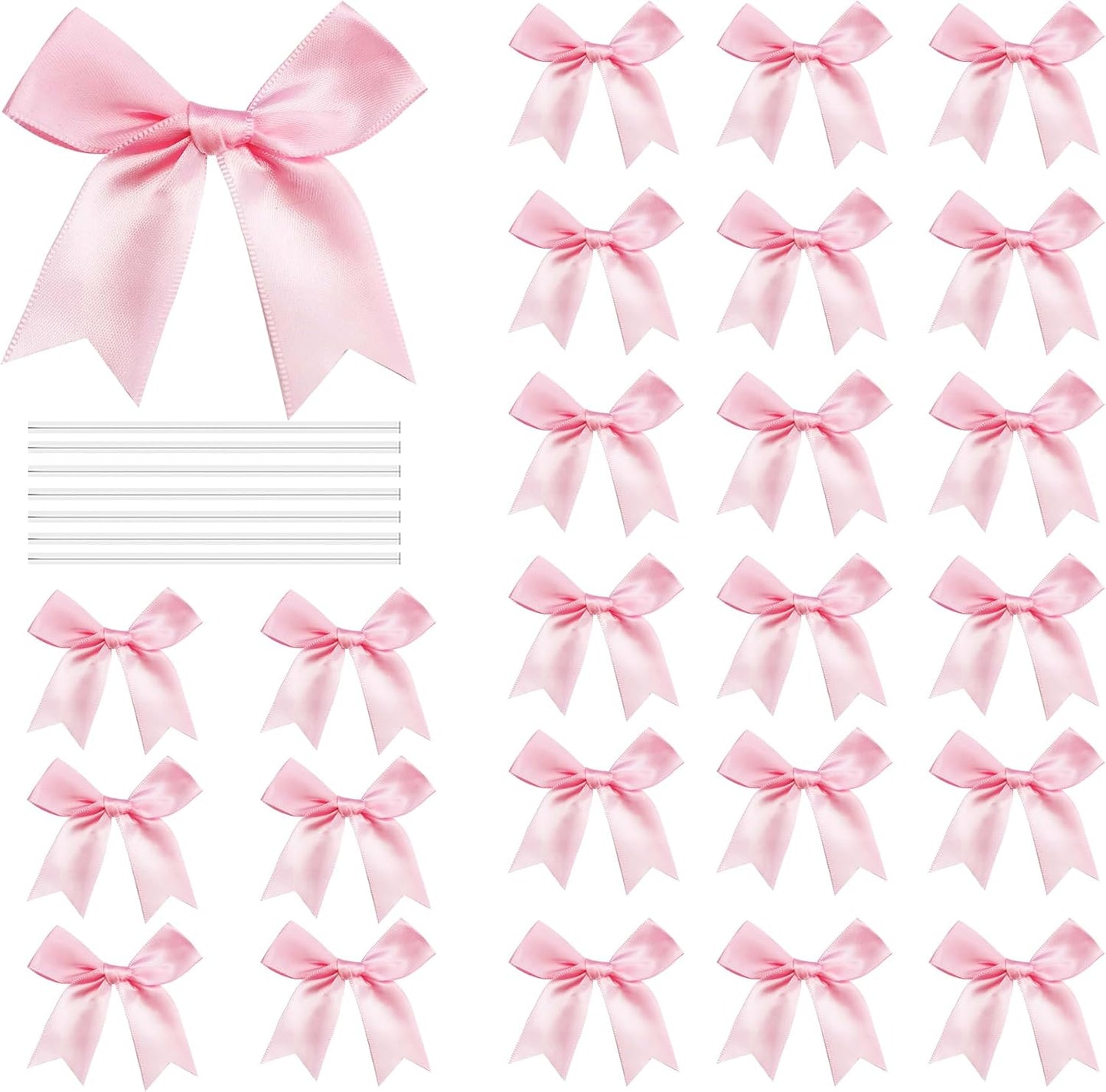 50 Pcs Twist Tie Bows Satin Ribbon Bow 3.3 Inch Gift Wrap Bow Craft Bows for Gift Wrapping, Party Decorations Gifts Bag DIY Treat Bags Light Pink