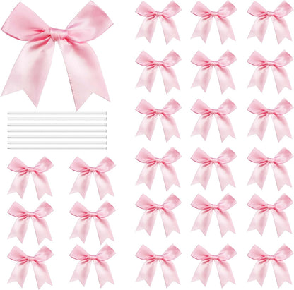 50 Pcs Twist Tie Bows Satin Ribbon Bow 3.3 Inch Gift Wrap Bow Craft Bows for Gift Wrapping, Party Decorations Gifts Bag DIY Treat Bags Light Pink
