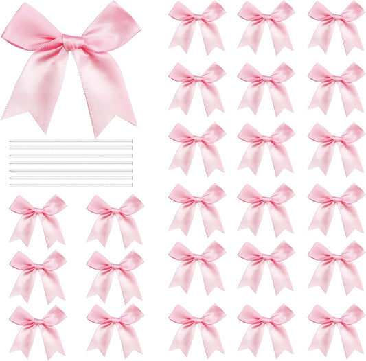 50 Pcs Twist Tie Bows Satin Ribbon Bow 3.3 Inch Gift Wrap Bow Craft Bows for Gift Wrapping, Party Decorations Gifts Bag DIY Treat Bags Light Pink