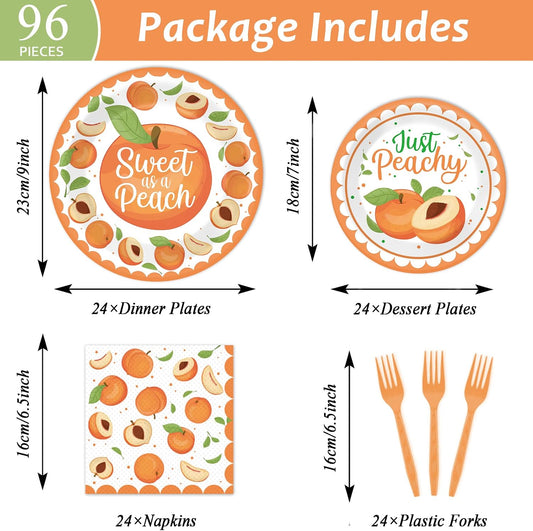 chiazllta 96 Pcs Peaches Party Decorations Peach Fruit Paper Plate and Napkins Fruit Theme Birthday Disposable Tableware Sweet as a Peach Party Supplies Party Favors for 24 Guests