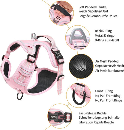 HEELE Dog Harness, No Pull Adjustable Padded Reflective Harness for Small Medium Large Dogs with Handle for Walking Training, Pink, M