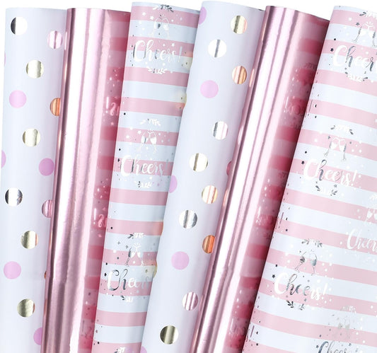 WRAPAHOLIC Pink Wrapping Paper - 12 Sheets Rose Gold and Pink Design Folded Flat for Wedding, Bridal Shower, Girls Birthday - 19.7 Inch x 30 Inch Per Sheet