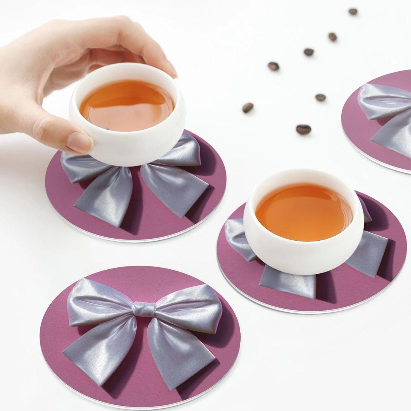 White Satin Bow On Light Pink Drinks Coasters Set of 4 Leather Drink Coasters for Tabletop Protection Heat Resistant Bar Cup Mat Pad