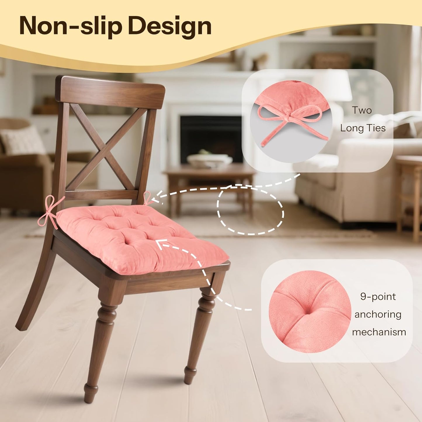1 Pack Tufted Kitchen Chair Cushions Soft Indoor Chair Pads with Ties Thick Square Seat Cushions for Dining Room 15.5"x15.5" Pink