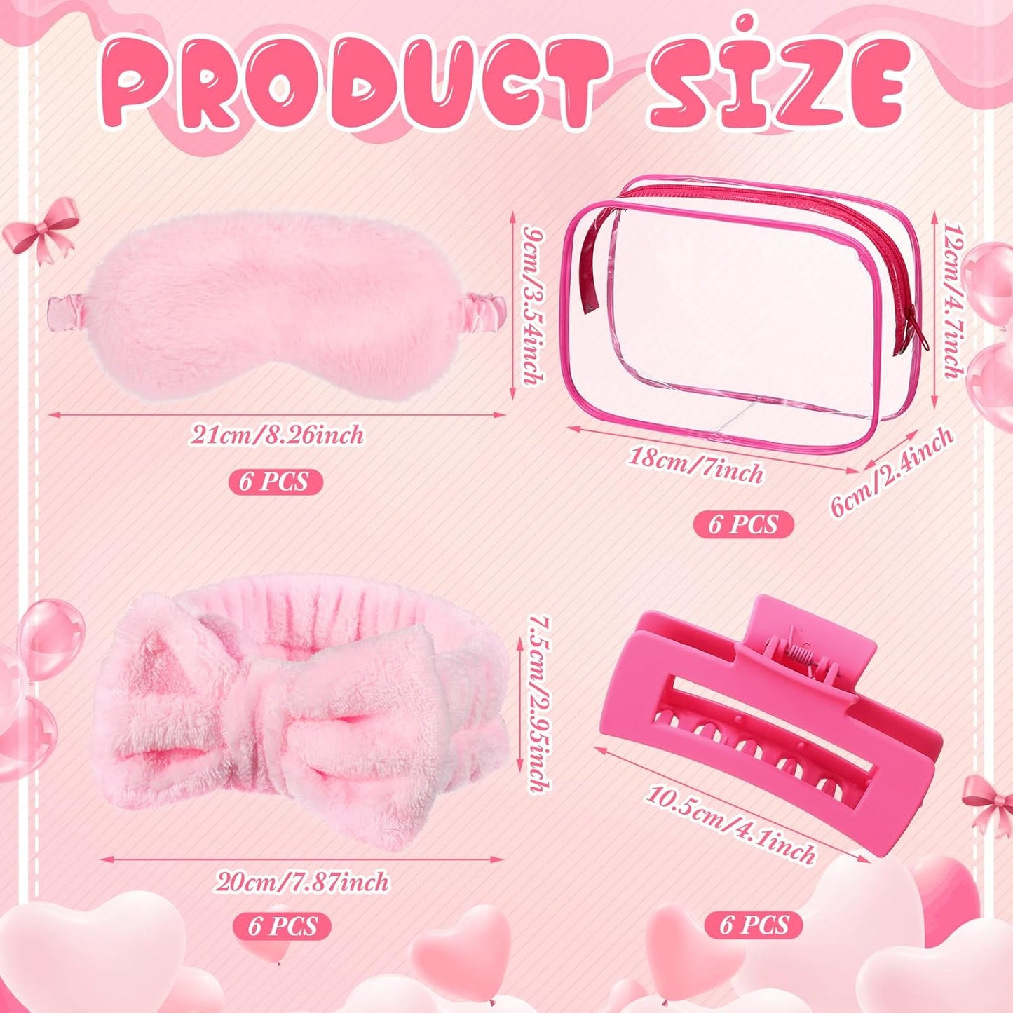 24pcs Sleepover Party Favors for Women 6 Pink Spa Makeup Headband 6 Plush Sleep Eye Mask 6 Rose Red Hair Claw Clips 6 Clear Cosmetic Bags for Adult Slumber Party Supplies Gifts