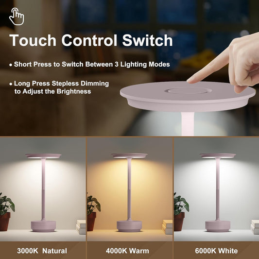 Rechargeable Cordless Table Lamps, 5000mAh Portable LED Table Light, 3 Color Stepless Dimming Battery Powered Metal Table Lamp for Outdoor Patio/Bedroom/Restaurant.(Light Pink)