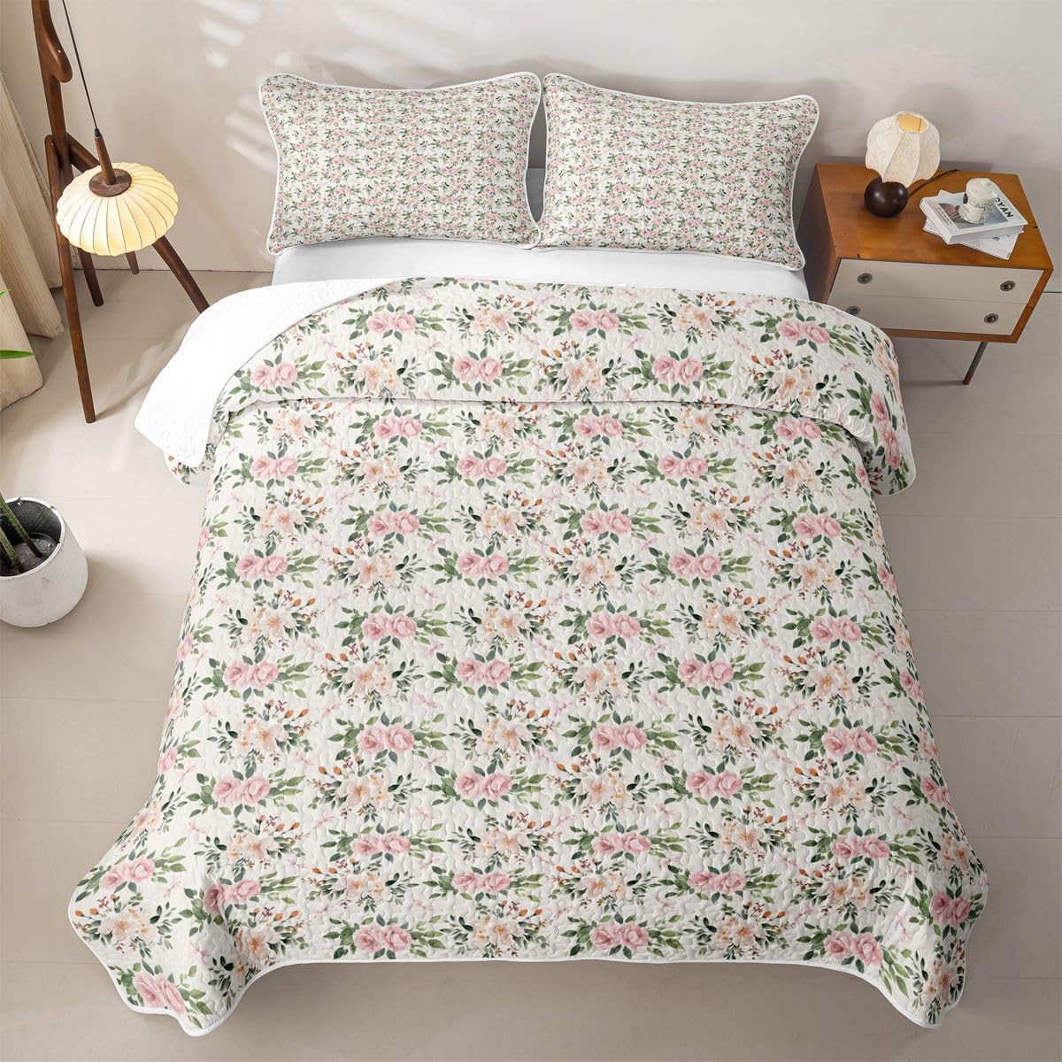 Erosebridal Flower Quilt Set Rose Quilt Queen Peach Blossom Kawaii Ribbon Bow Quilted Coverlet Princess Girly Leaves Floral Theme Bedspread Lightweight