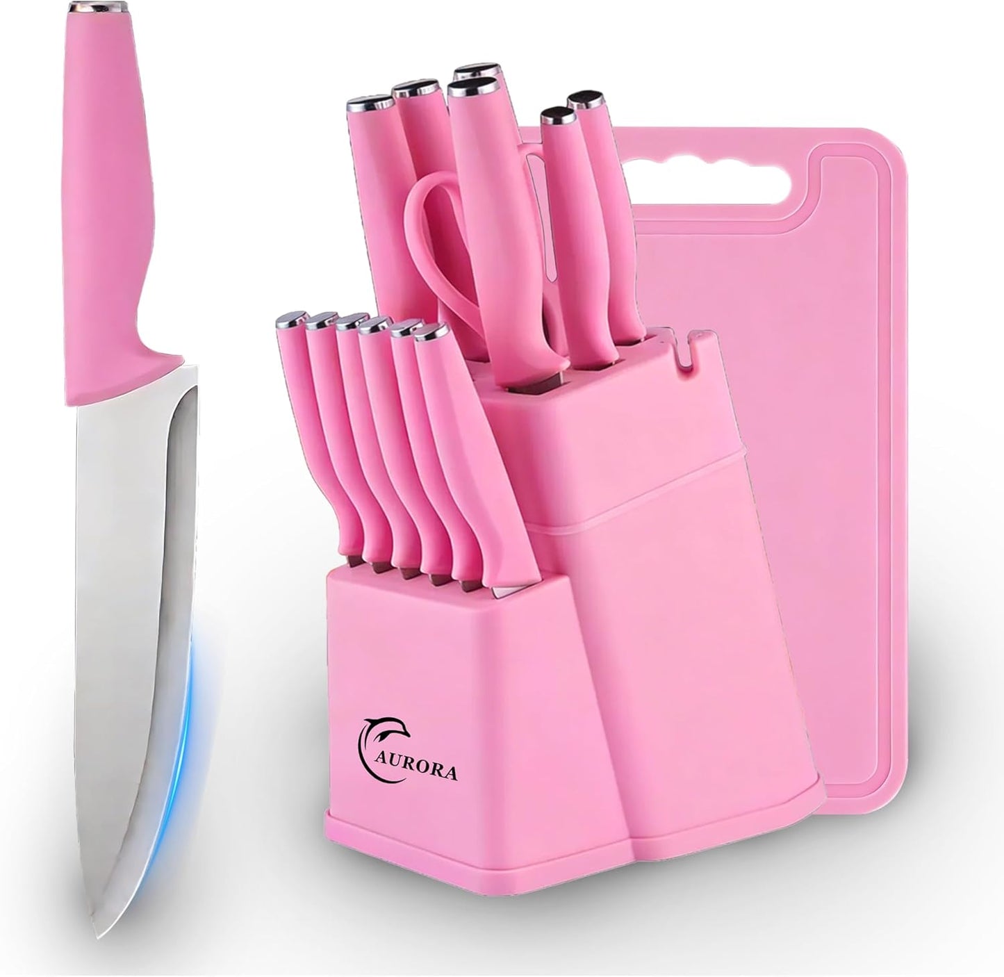 Knife Set, 15 Piece Knife Block Set with Built-in Sharpener, Dishwasher Safe, Rust Resistant, Ergonomic Handle, Stainless Steel Pink