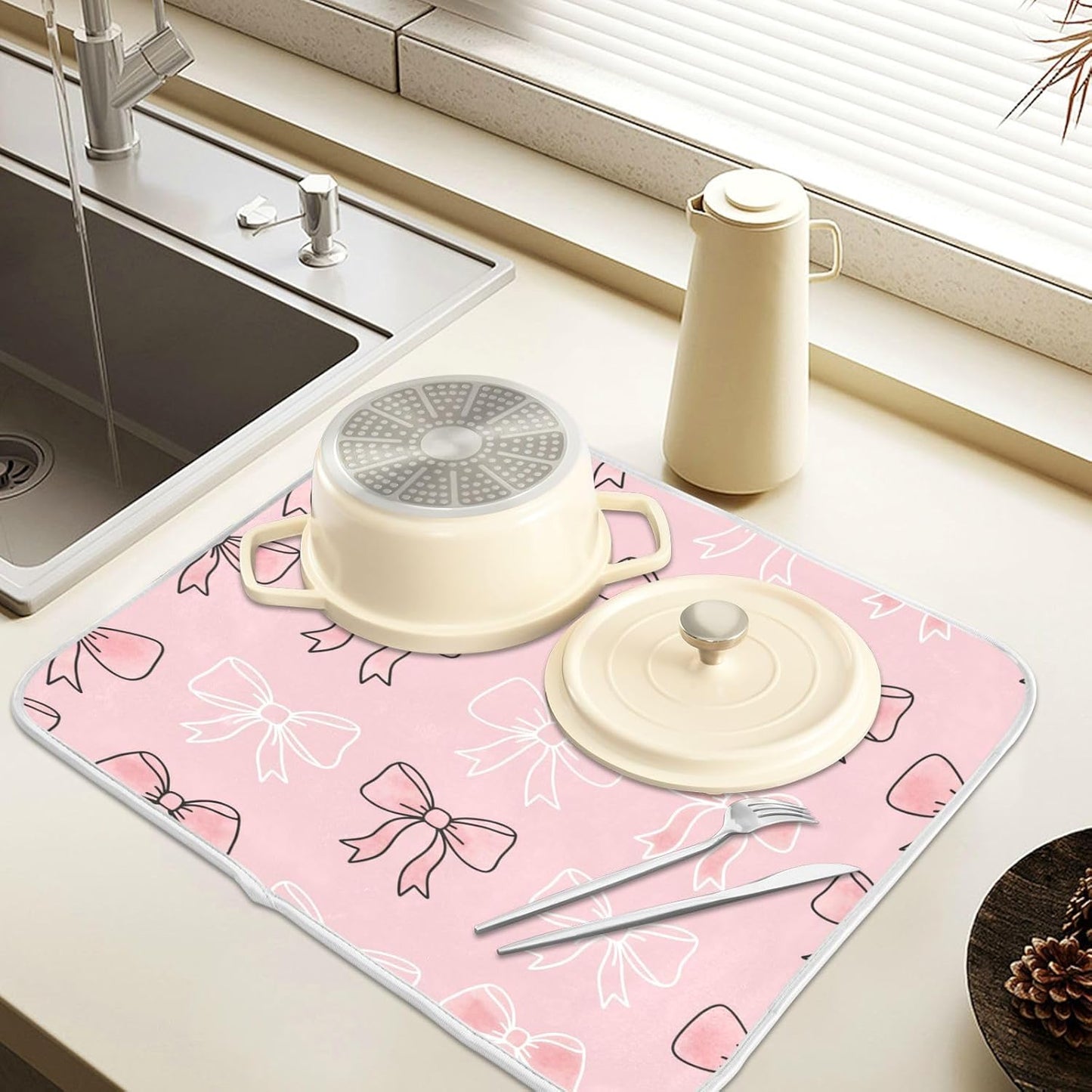 Watercolor Bows Pink Dish Drying Mat for Kitchen Counter Absorbent Microfiber Small Drying Pad Dish mats for Kitchen Countertops 16 x 18 Inch