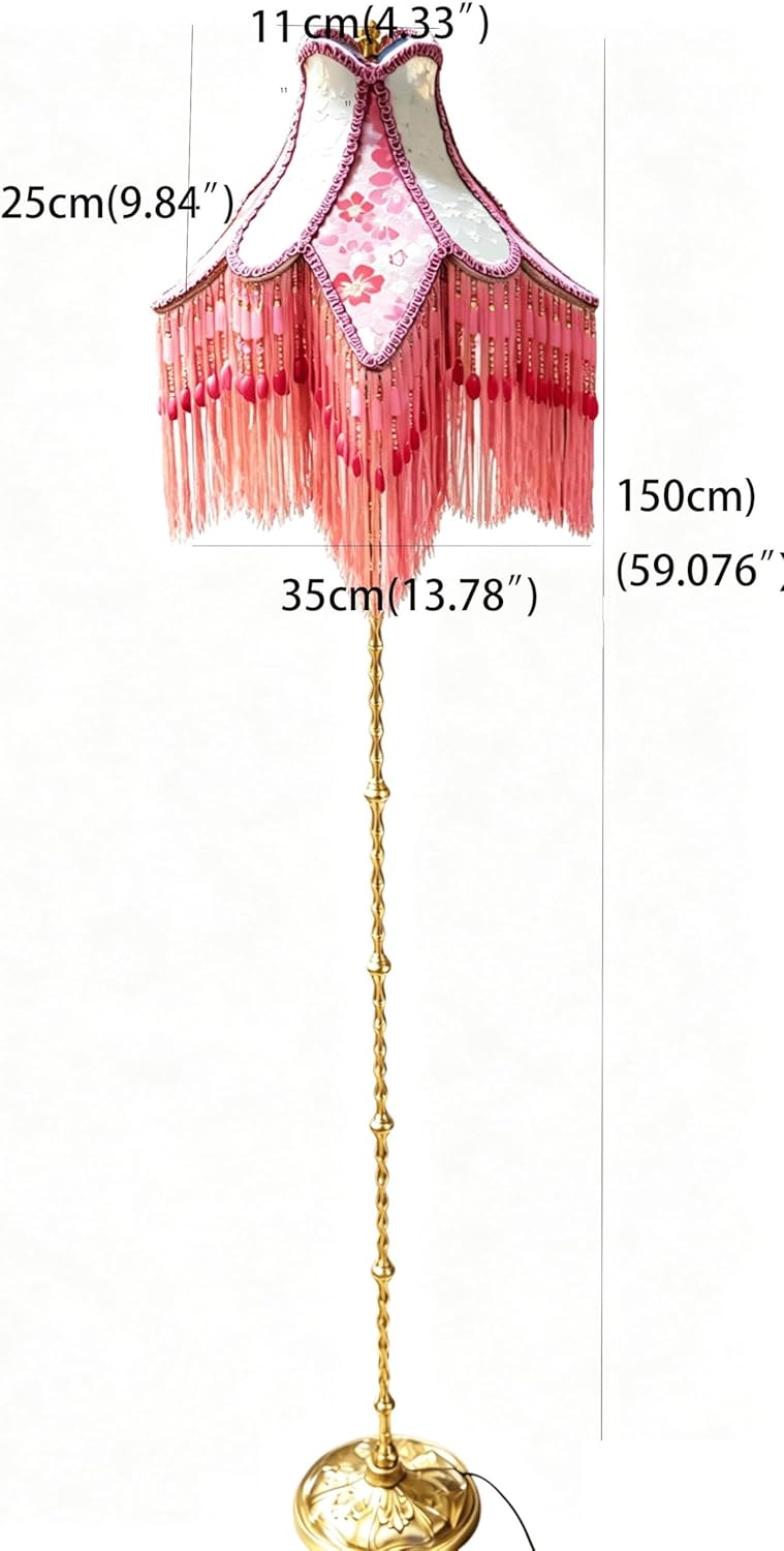 Shabby Chic Victorian Floor Lamp, Pink Cherry Floral Embroidered Lampshade with Tassel Fringe, Brass Stand, Beho Retro Style Living Room Lighting