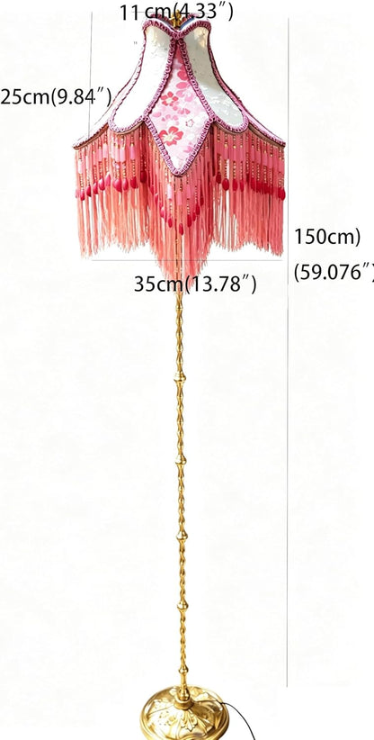 Shabby Chic Victorian Floor Lamp, Pink Cherry Floral Embroidered Lampshade with Tassel Fringe, Brass Stand, Beho Retro Style Living Room Lighting