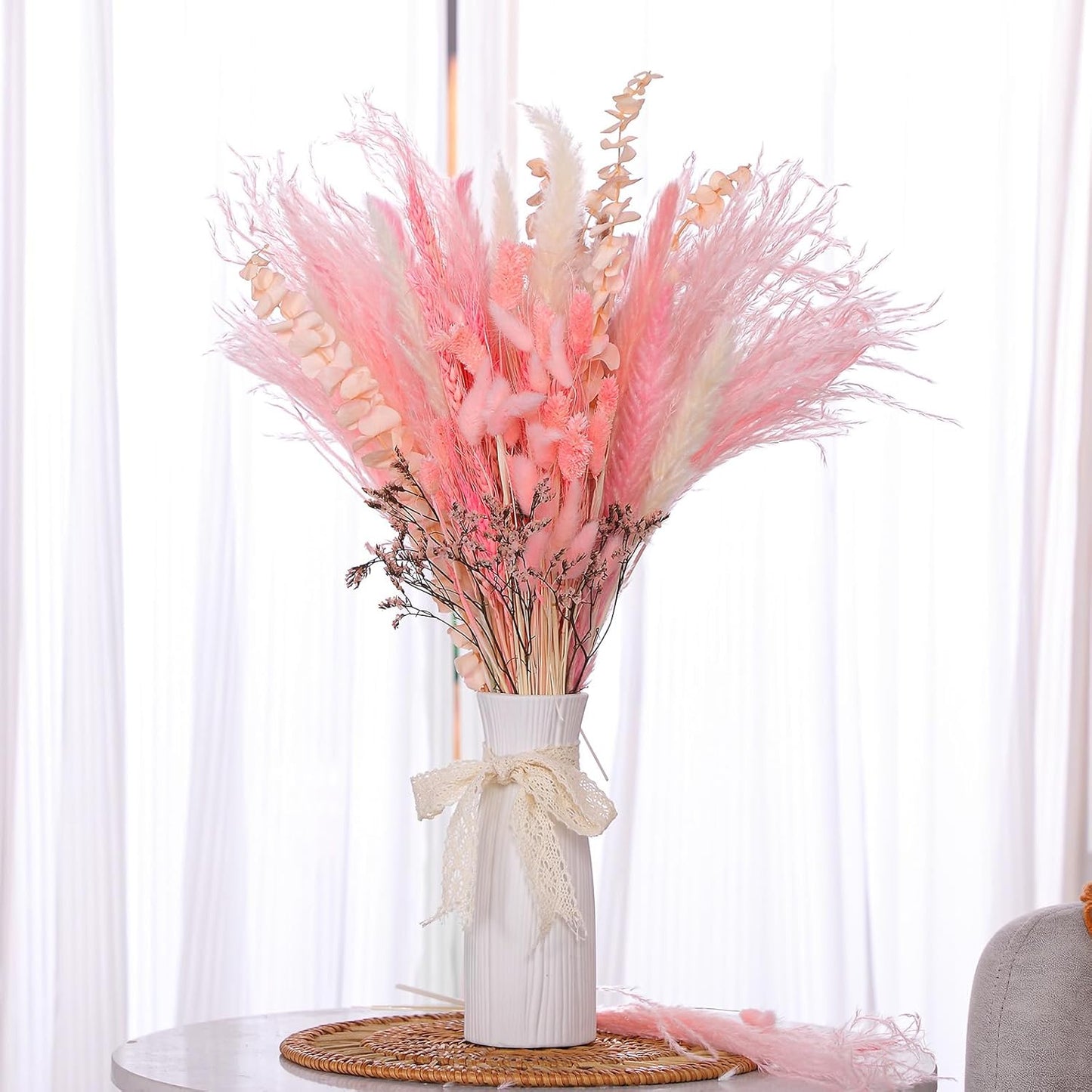 Thiccywoov 120 Pcs Pink Natural Dried Pampas Grass Fall Decor 17 Inches Autumn Fluffy Grass Bouquet Eucalyptus Boho Decor for Vase Wedding Floral Room Home Party Table Centerpieces Decorations