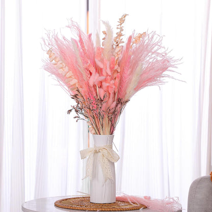 Thiccywoov 120 Pcs Pink Natural Dried Pampas Grass Fall Decor 17 Inches Autumn Fluffy Grass Bouquet Eucalyptus Boho Decor for Vase Wedding Floral Room Home Party Table Centerpieces Decorations