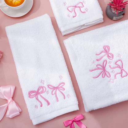 FYSUIMU Pink Bow Towel Set of 3 Cotton Embroidered Bow Knot Bath Towel Hand Towels Wash Cloth for Hand Drying Bathroom Shower Supplies