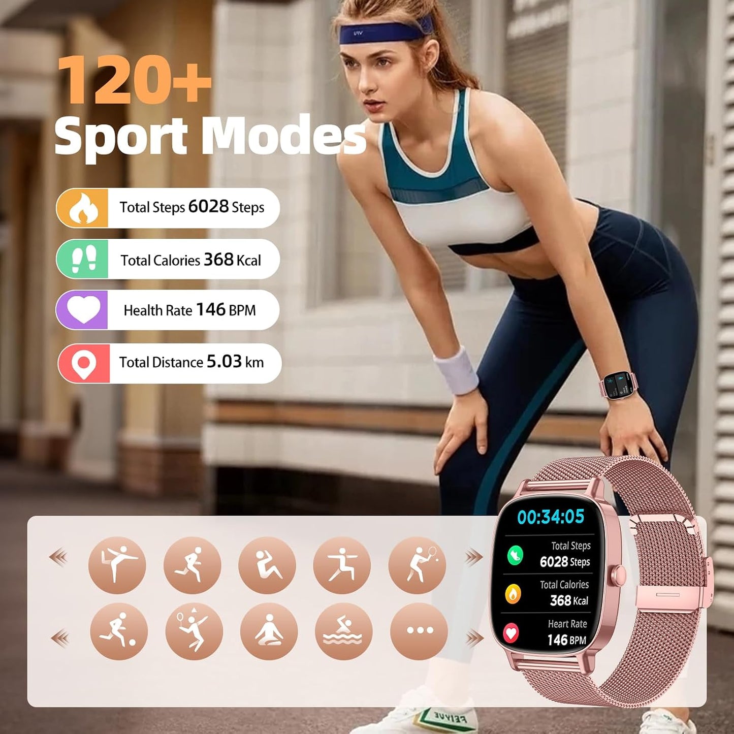 Smart Watch for Women, Answer/Make Call,1.85'' Ultra-Clear Screen Fitness Tracker with Heart Rate/Sleep/SpO2 Monitor,Smartwatch for iPhone/Samsung/Android,120+ Sport Modes,IP68 Waterproof with 2 Bands