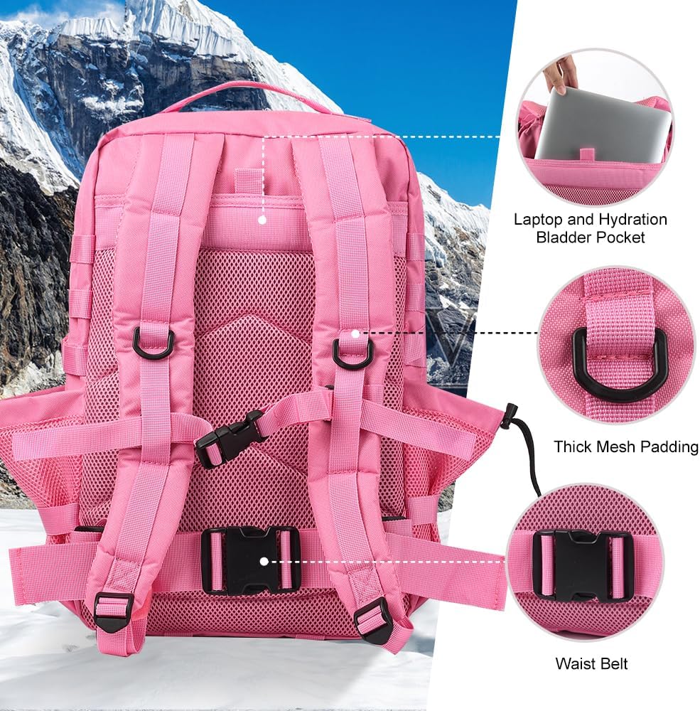 Hannibal Tactical 45L MOLLE Assault Backpack, Tactical Backpack Military Army Camping Rucksack with Bottle Holder, 3-Day Pack Trip w/USA Flag Patch, D-Rings, Pink