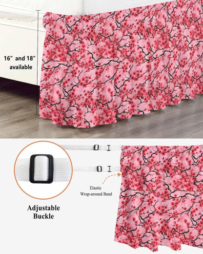 Chinese Flowers Bed Skirt Queen Size 16 Inch Drop, Wrap Around Bed Skirts, Spring Pink Peach Blossoms Floral Elastic Bedskirt Pleated Bed Frame Cover Luxurious Dust Ruffle for Queen Bed