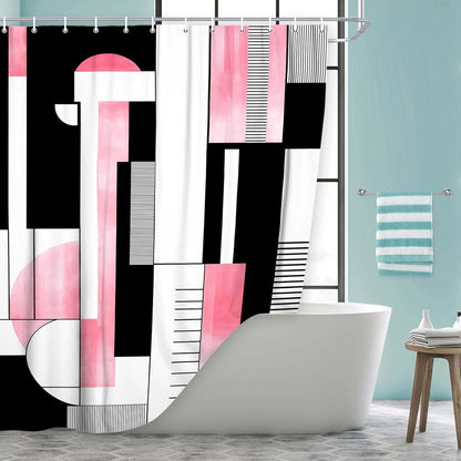 Pink Geometric Shower Curtain, Boho Abstract Striped Neutral Bathroom Curtain, Modern Minimalist Mid Century Aesthetic Bath Curtains Decor Waterproof Polyester Fabric with 12 Hooks, 47x72 in
