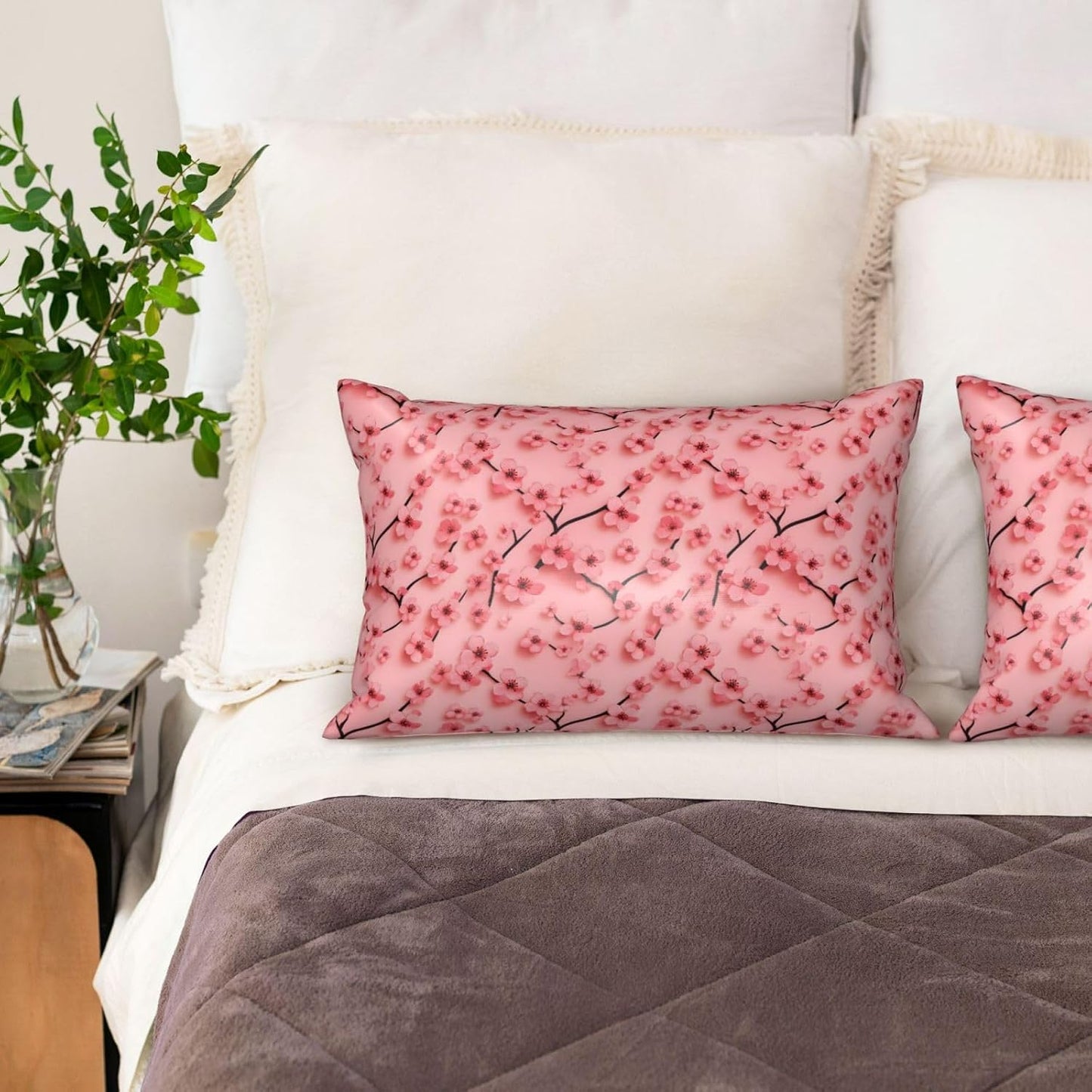 Cute Pink Peach Blossom Satin Pillowcase for Hair and Skin 20x30 in Queen Size Pillows Case Cover with Zipper (Without Inserts)