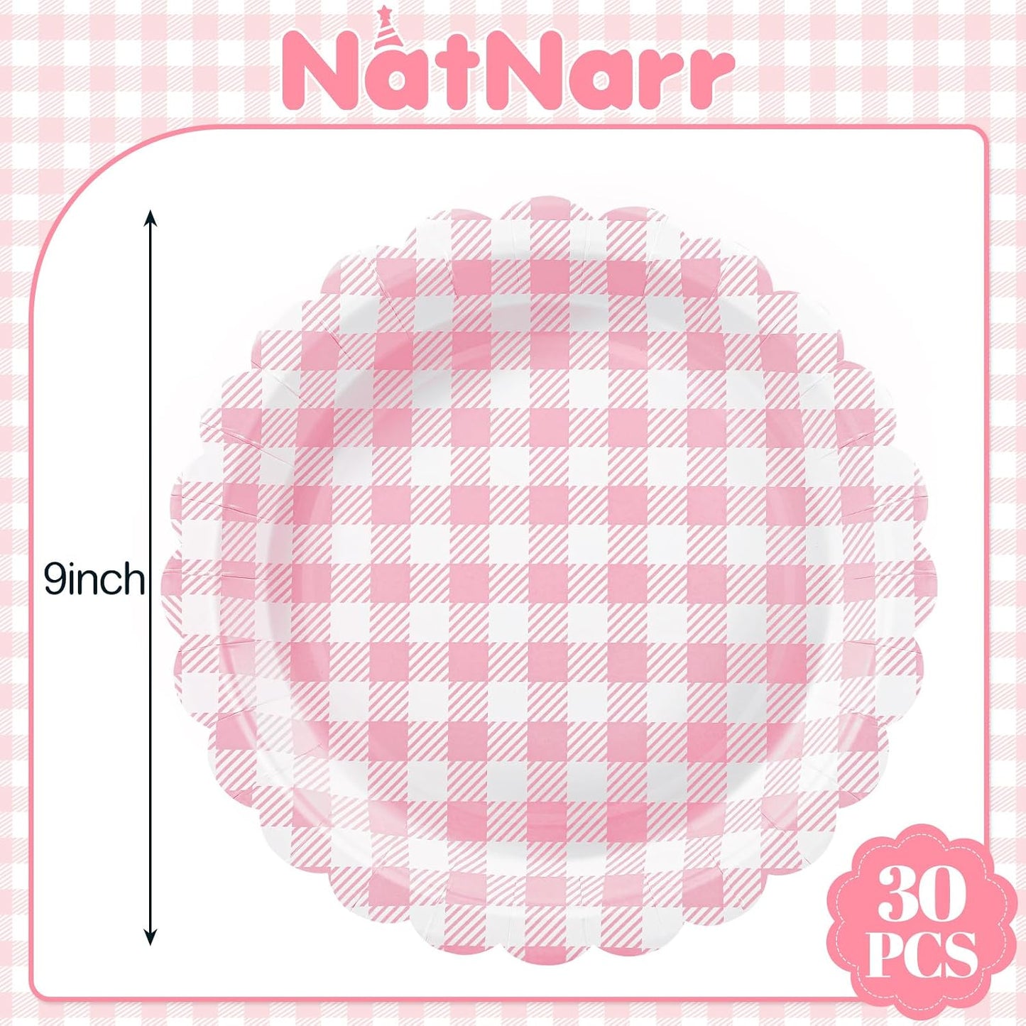 NatNarr 60Pcs Pink Gingham Placemats and 30Pcs Pink Gingham Plates