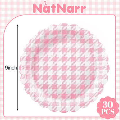 NatNarr 60Pcs Pink Gingham Placemats and 30Pcs Pink Gingham Plates