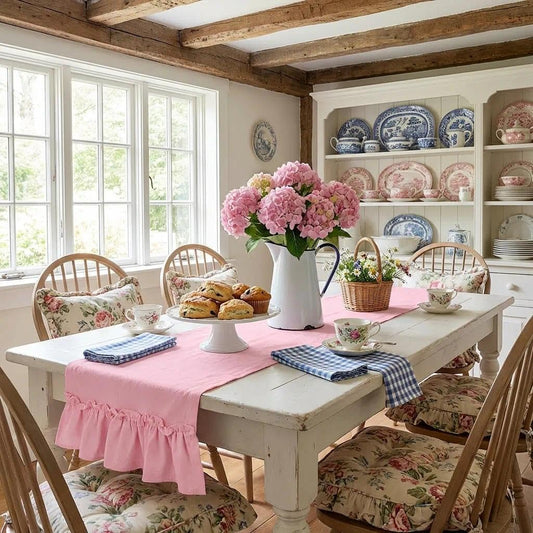 yuboo Pink Farmhouse Ruffle Table Runner, Shabby Pastel Table Runner for Baby Shower Kitchen Party Wedding, Coquette Spring Table Runners 12x54 Inches Rustic Table Decor