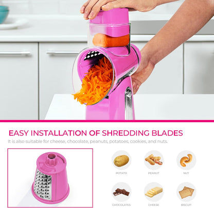 SUSTEAS Rotary Cheese Grater with Handle - Vegetable Shredder with 5 Well-designed Blades & Strong Suction Base,Round Mandoline Slicer & Food Chopper for Kitchen,with Blade Storage Box(Pink)