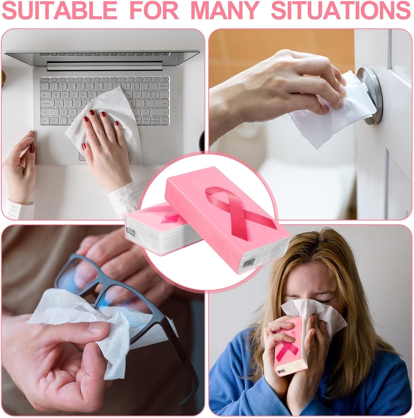 Tenceur 50 Pcs Breast Cancer Awareness Pocket Tissue Bulk 4 Ply Travel Mini Portable Pink Ribbon Pocket Facial Tissue for Women Cancer Survivor Gift Charity Event Supplies Party Favor(White, Pink)