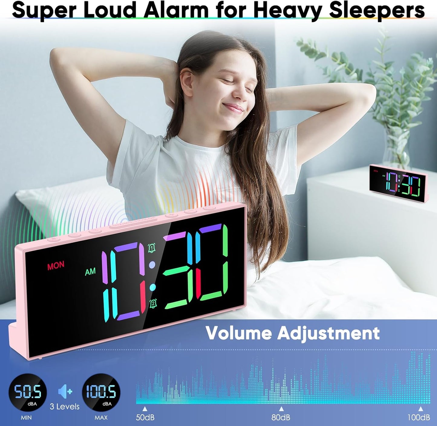 Digital Alarm Clocks,Large Big Numbers Cute clocks for Bedrooms,college dormitories,Teens,Modern Décor Plug in Clock with USB Charger Port Adjustable 3-Levels volume,5 Dimmers,Battery Backup (Pink)
