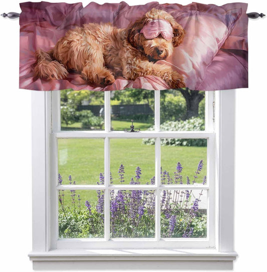 Sleeping Poodle Valance for Windows Eye Mask Animals Fluffy Fur Puppy Pink Kitchen Curtain Valances Window Treatment Short Topper Curtains for Kitchen Bathroom Living Room 1 Panel , 54x18 Inch
