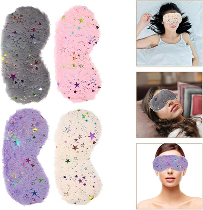 minkissy Plush Sleep Eye Masks 4pcs Lightproof Sleeping Masks for Travel Home Office Comfortable Soft Faux Fur Eye Covers with Star Pattern Gray Pink Pearl White Purple
