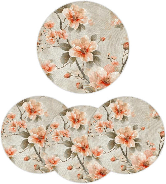Peach Blossom Tree Round Placemats Sets, Circle Braided Place Mats for Dining, Washable Woven Braided Table Mats, Place Mats for Kitchen Decor
