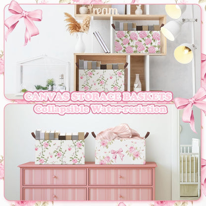 Boao Foldable Storage Baskets Dinosaur Easter Rabbit Classical Flowers Bow Laundry Basket with Handles Waterproof Storage Bins Fabric Shelf Baskets(15 x 11 x 8 Inches,Pink Floral,3 Pcs)