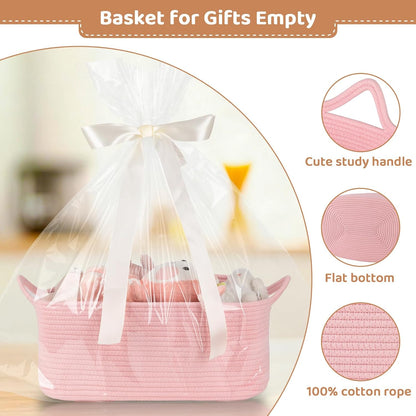 OIASKET Large Empty Gift Baskets for Baby Shower, 16.5" L x 12.6" W x 7" H Cute Woven Storage Basket with Gift Bags and Ribbons, Small Rope Toy Basket with Handles, Cat Dog Pet Toy Organizer - Pink