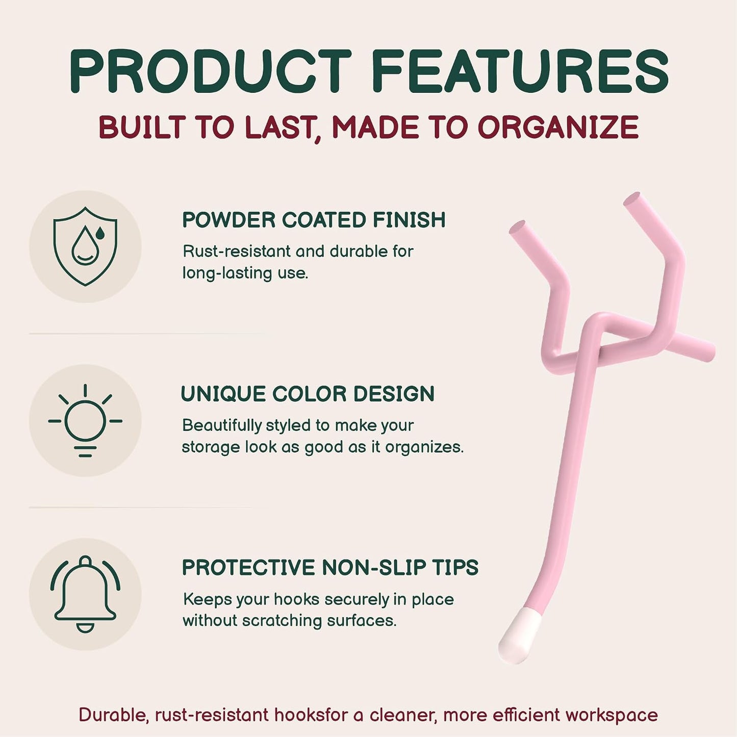 50-Pack Pink Pegboard Hooks 2 Inch - Fits 1/8 and 1/4 Inch Boards | Decorative Metal Peg Board Hangers with Rubber Safety Tips - Heavy Duty Organizer for Craft Room, Garage & Retail Display