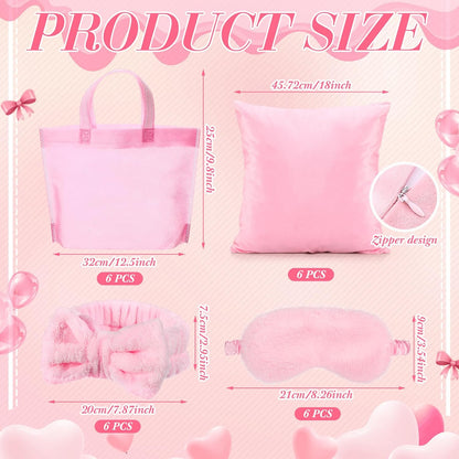 Daifunli 24 Pieces Spa Sleepover Party Supplies for Girls 6 Pink Spa Headband 6 Plush Sleep Eye Mask 6 Pink 18'' x 18'' Velvet Throw Pillow Covers 6 Tote Bags for Slumber Sleepover Party Favor Gift