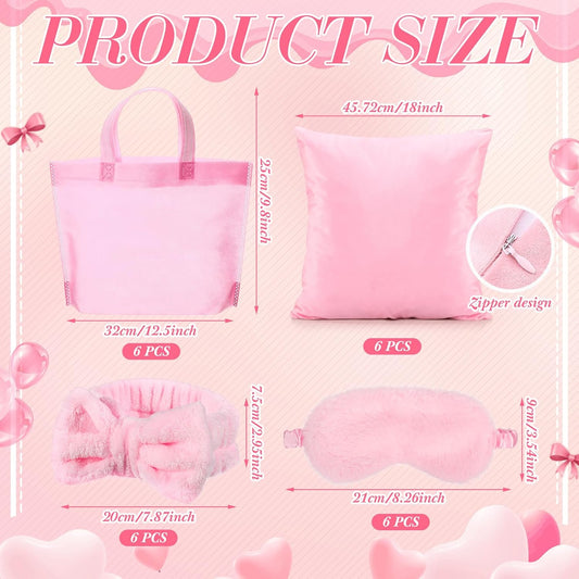 Daifunli 24 Pieces Spa Sleepover Party Supplies for Girls 6 Pink Spa Headband 6 Plush Sleep Eye Mask 6 Pink 18'' x 18'' Velvet Throw Pillow Covers 6 Tote Bags for Slumber Sleepover Party Favor Gift
