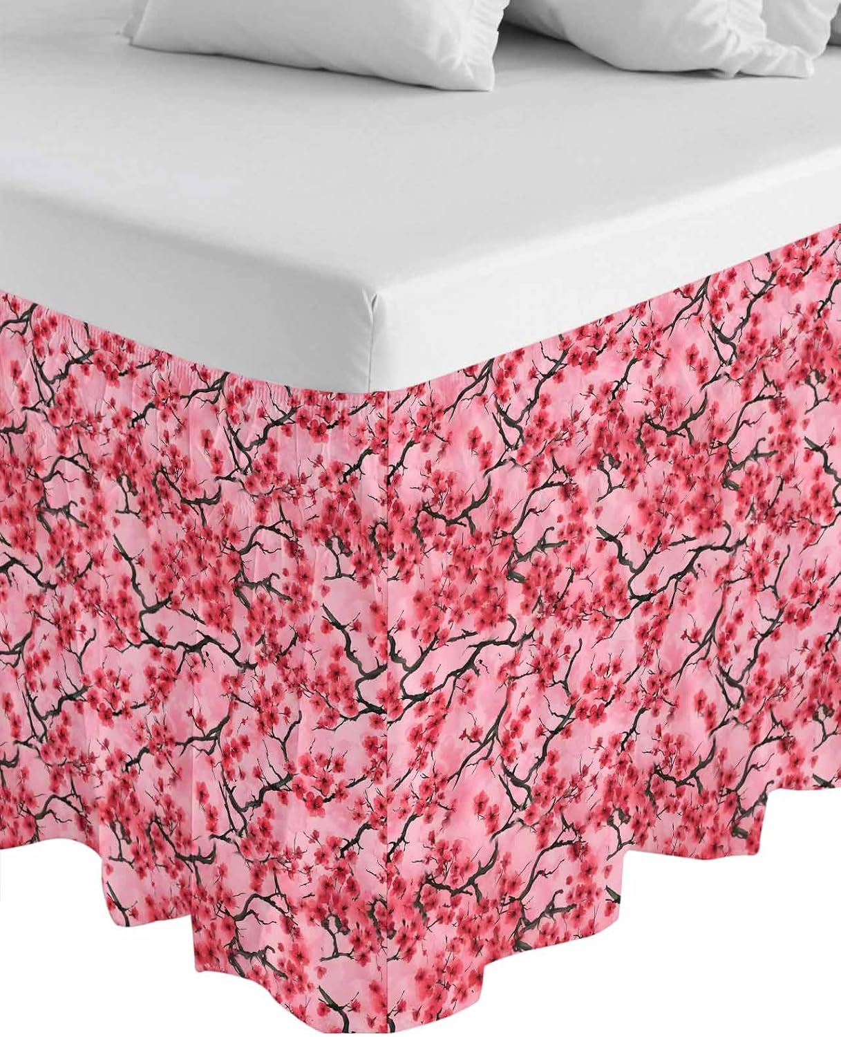 Chinese Flowers Bed Skirt Queen Size 16 Inch Drop, Wrap Around Bed Skirts, Spring Pink Peach Blossoms Floral Elastic Bedskirt Pleated Bed Frame Cover Luxurious Dust Ruffle for Queen Bed