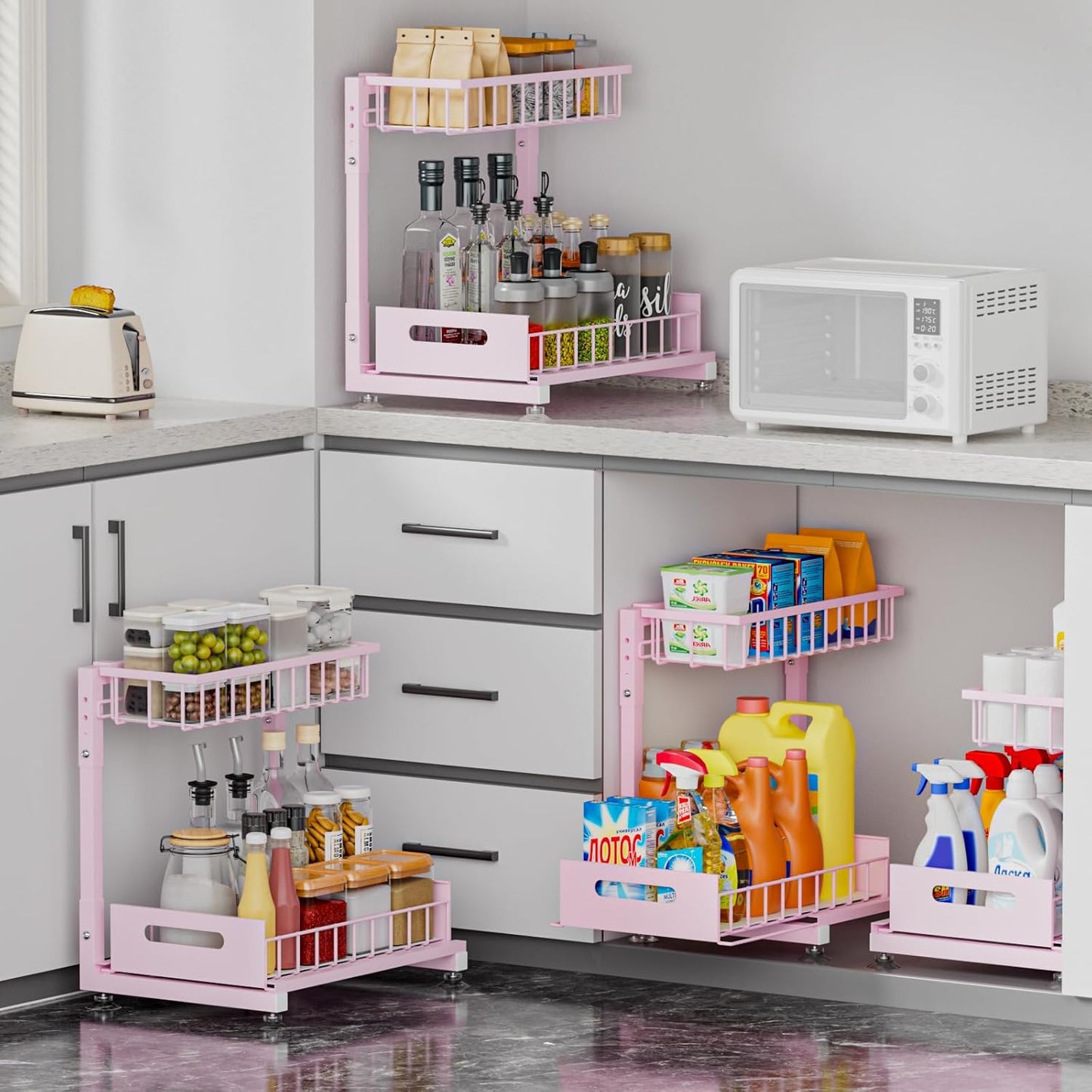 L-Shaped Under Sink Organizer, 2 Pack 2-Tier Pull Out Metal Kitchen Cabinet Organizer with Sliding Storage Drawer, Height Adjustable Heavy Duty Under Bathroom Sink Storage for Cleaning Supplies